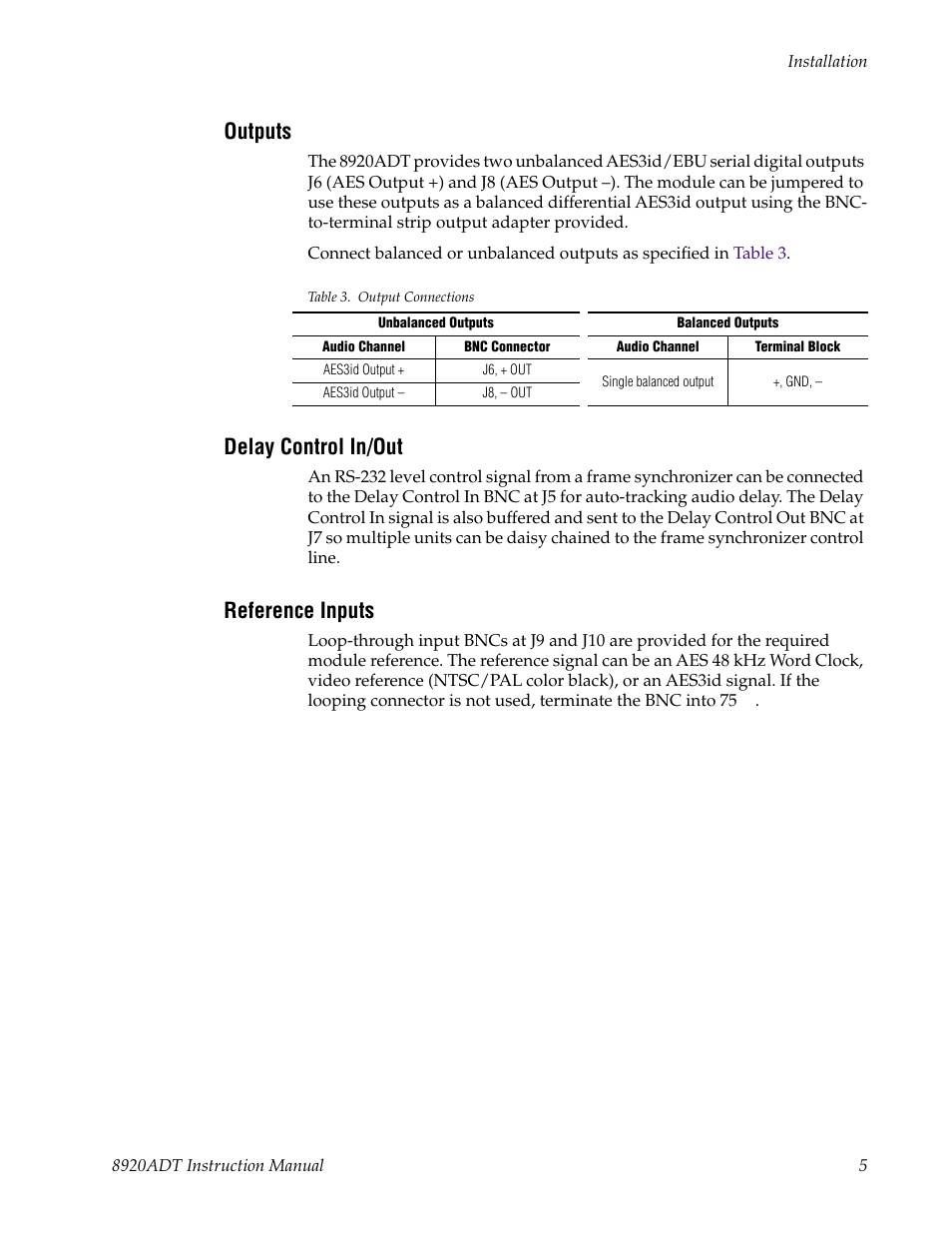 Outputs, Delay control in/out, Reference inputs | Grass Valley 8920ADT User Manual | Page 11 / 36