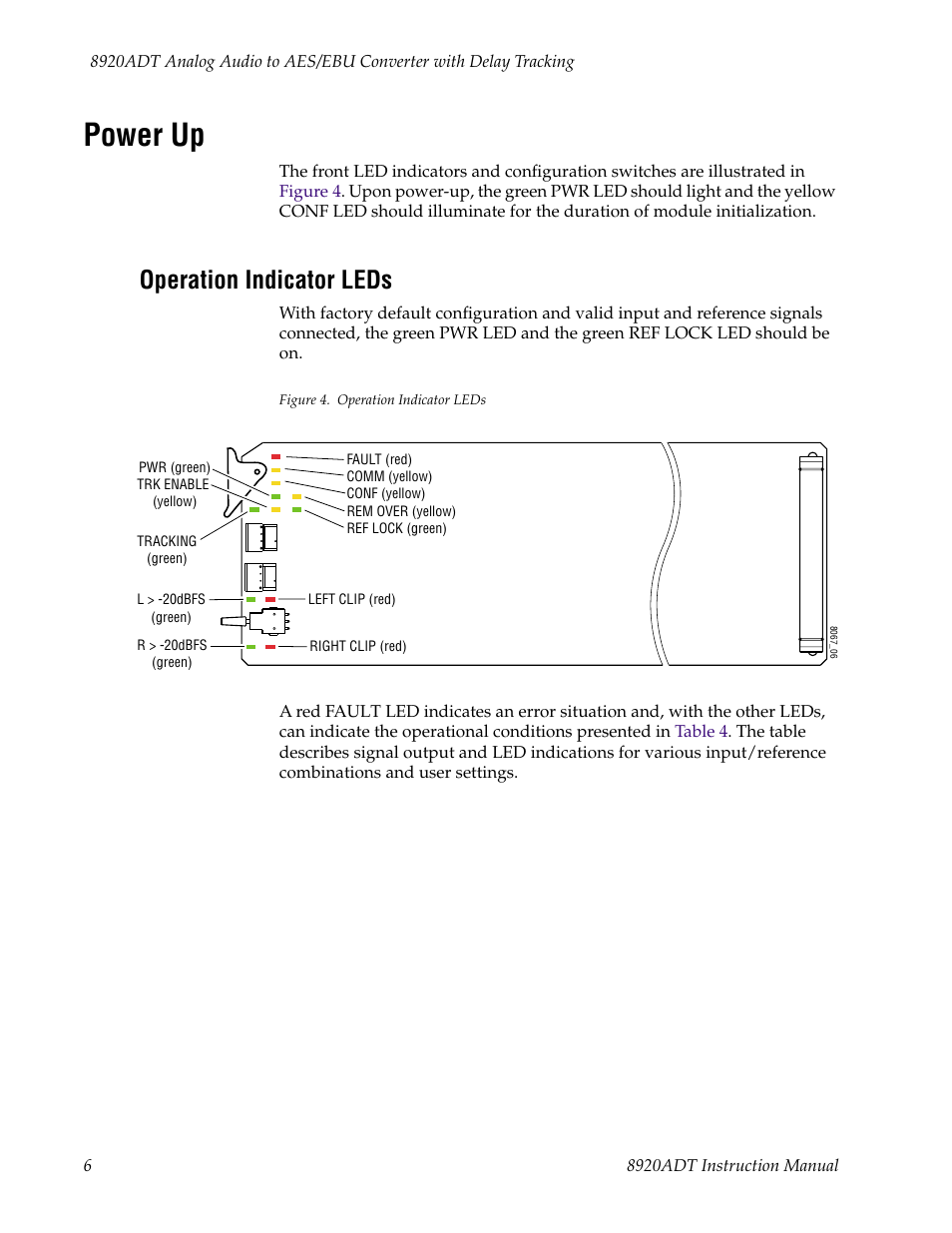 Power up, Operation indicator leds | Grass Valley 8920ADT User Manual | Page 12 / 36