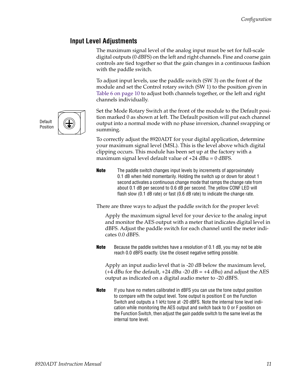 Input level adjustments | Grass Valley 8920ADT User Manual | Page 17 / 36