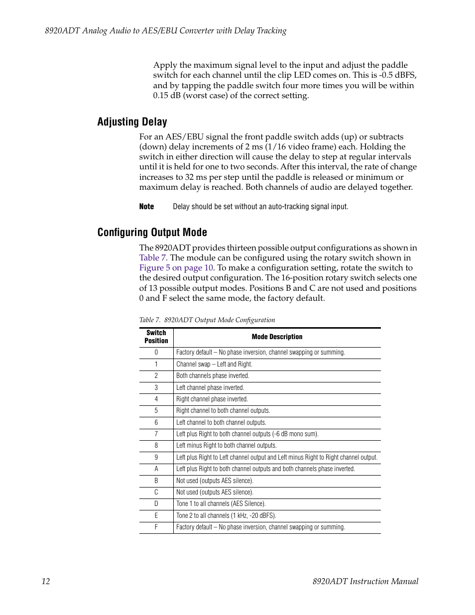 Adjusting delay, Configuring output mode | Grass Valley 8920ADT User Manual | Page 18 / 36