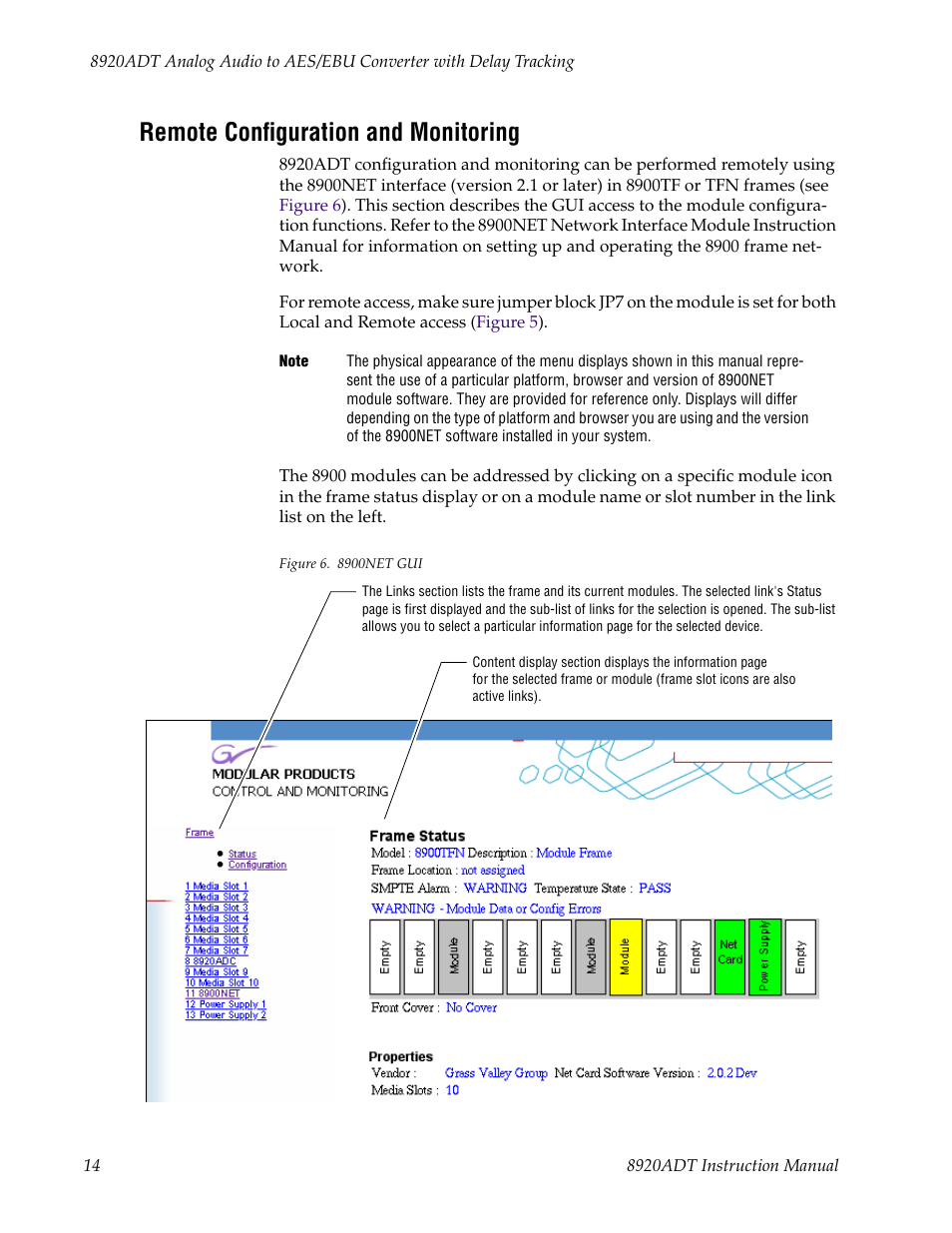 Remote configuration and monitoring | Grass Valley 8920ADT User Manual | Page 20 / 36