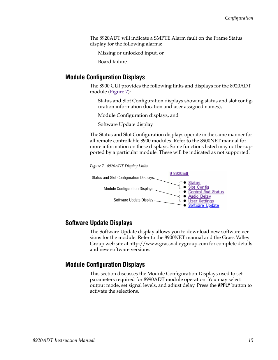 Module configuration displays, Software update displays | Grass Valley 8920ADT User Manual | Page 21 / 36