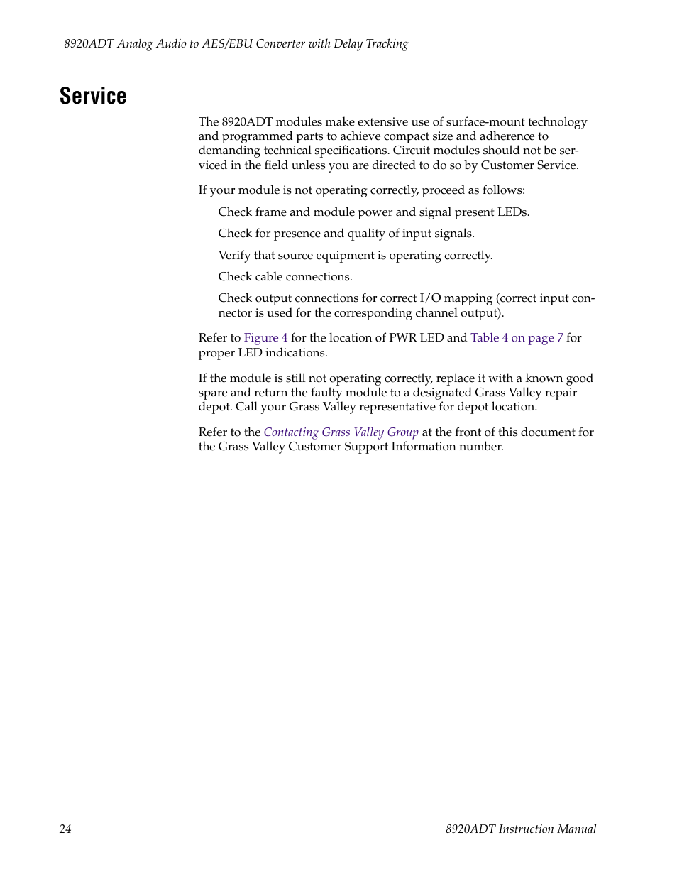 Service | Grass Valley 8920ADT User Manual | Page 30 / 36