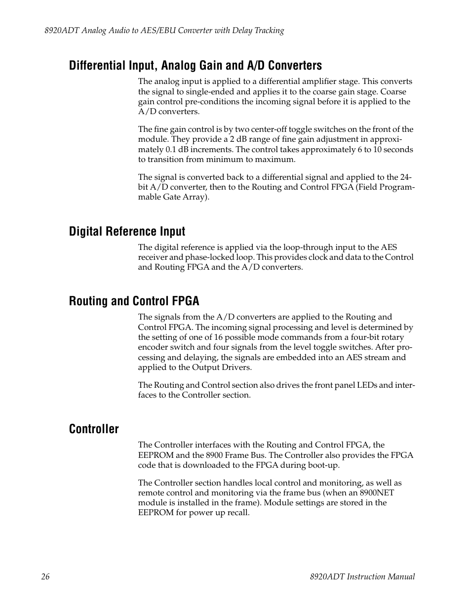 Differential input, analog gain and a/d converters, Digital reference input, Routing and control fpga | Controller | Grass Valley 8920ADT User Manual | Page 32 / 36
