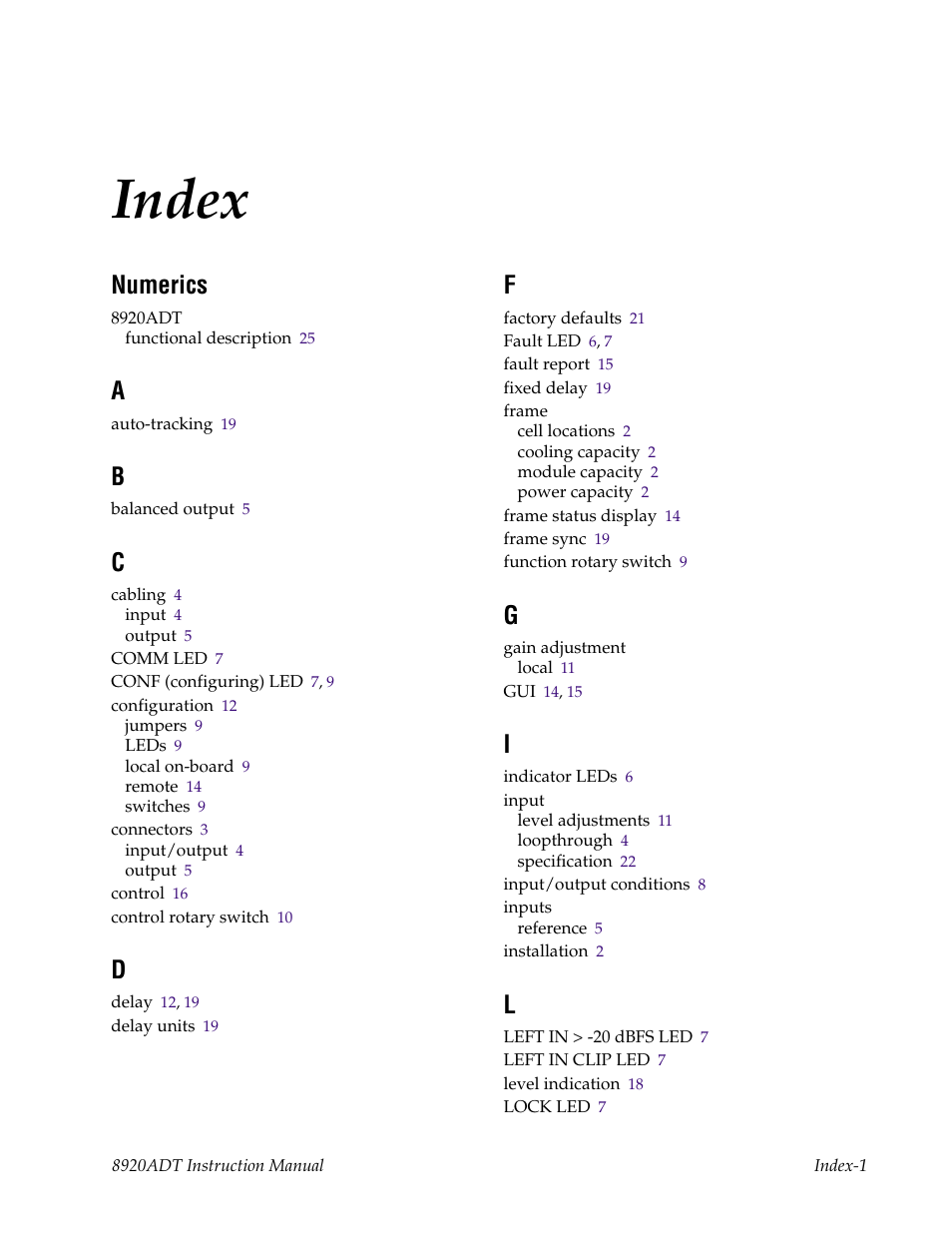 Index, Numerics | Grass Valley 8920ADT User Manual | Page 35 / 36