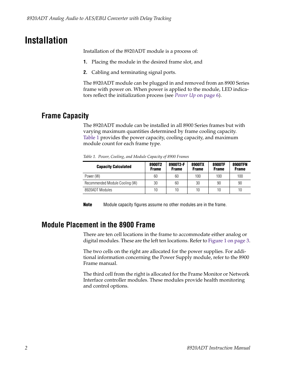 Installation, Frame capacity, Module placement in the 8900 frame | Grass Valley 8920ADT User Manual | Page 8 / 36