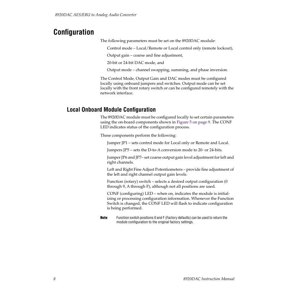 Configuration, Local onboard module configuration | Grass Valley 8920DAC User Manual | Page 14 / 28