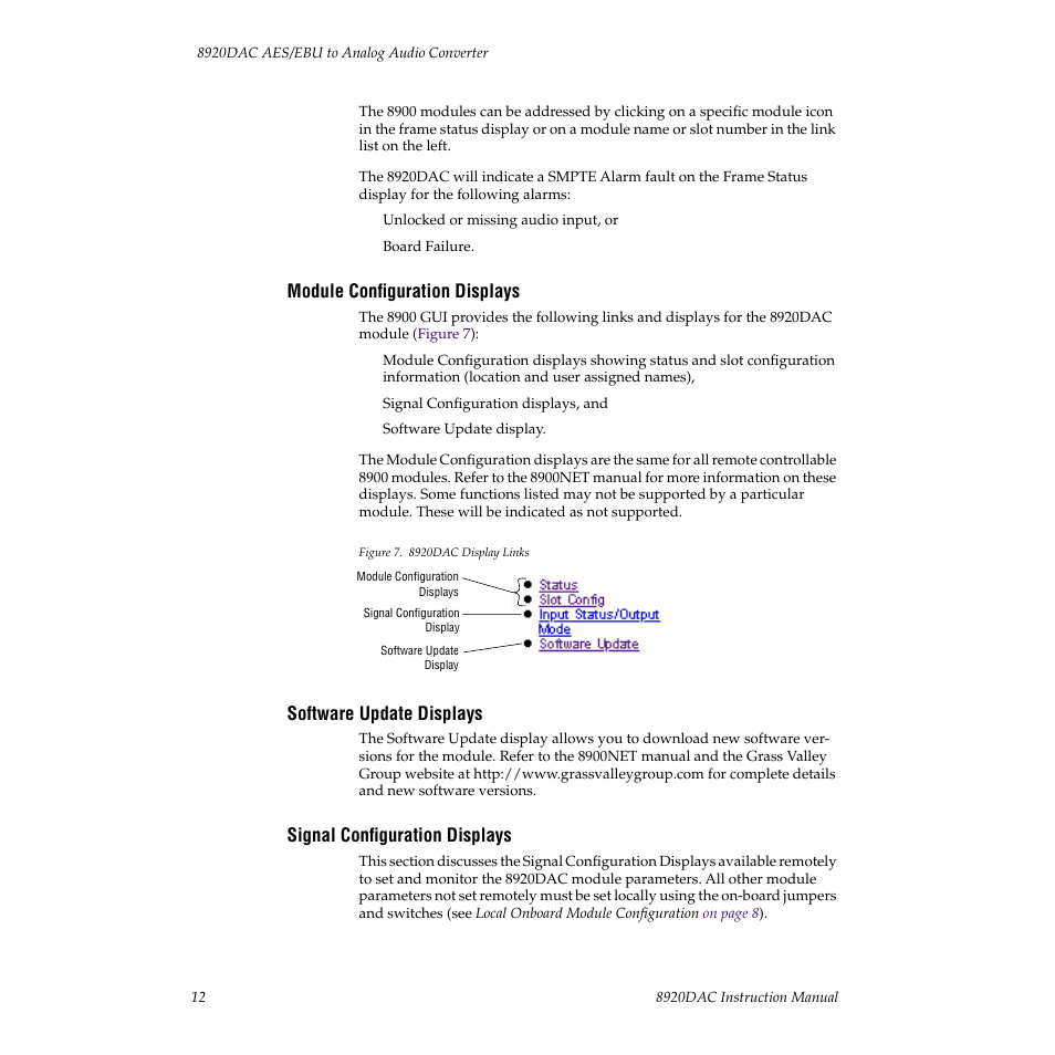 Module configuration displays, Software update displays, Signal configuration displays | Grass Valley 8920DAC User Manual | Page 18 / 28