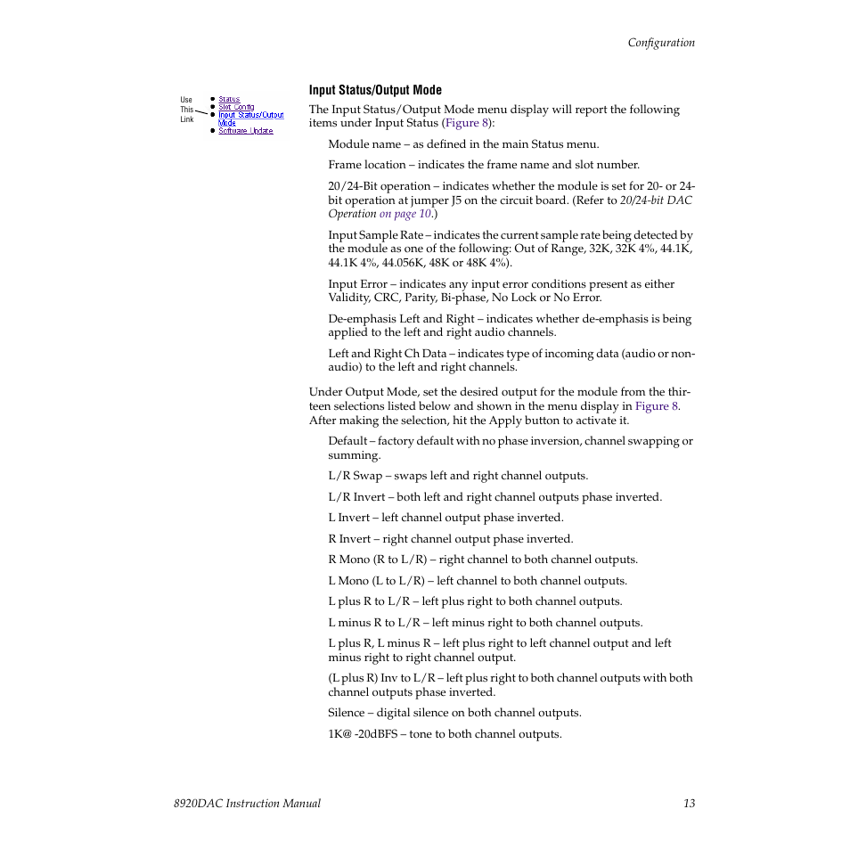 Input status/output mode | Grass Valley 8920DAC User Manual | Page 19 / 28