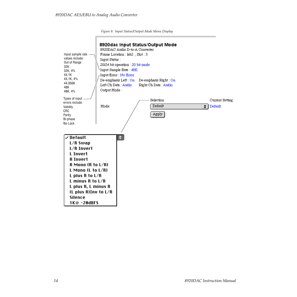 Items under input status, Figure 8 | Grass Valley 8920DAC User Manual | Page 20 / 28