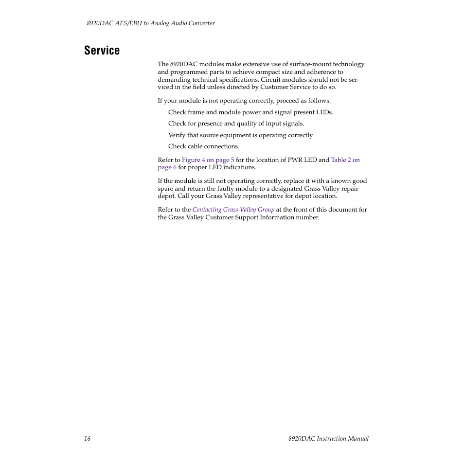 Service | Grass Valley 8920DAC User Manual | Page 22 / 28