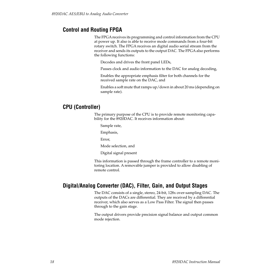 Control and routing fpga, Cpu (controller) | Grass Valley 8920DAC User Manual | Page 24 / 28