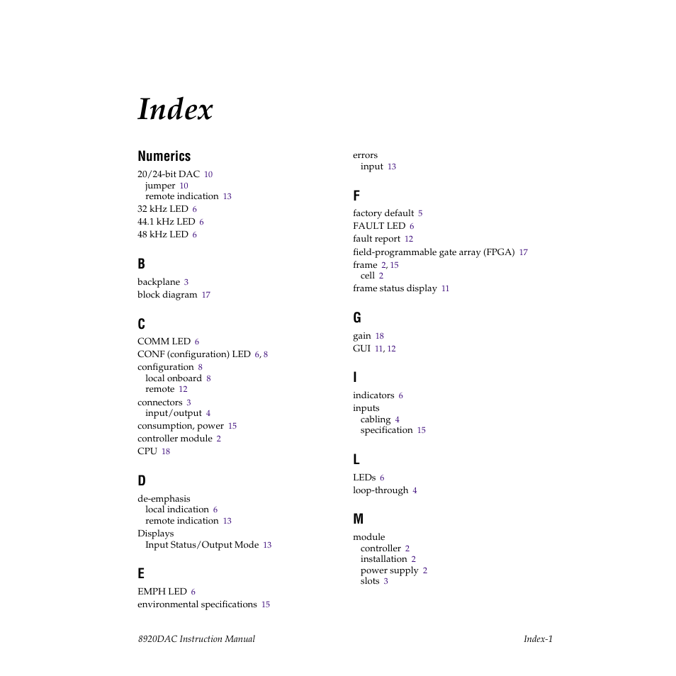 Index, Numerics | Grass Valley 8920DAC User Manual | Page 27 / 28