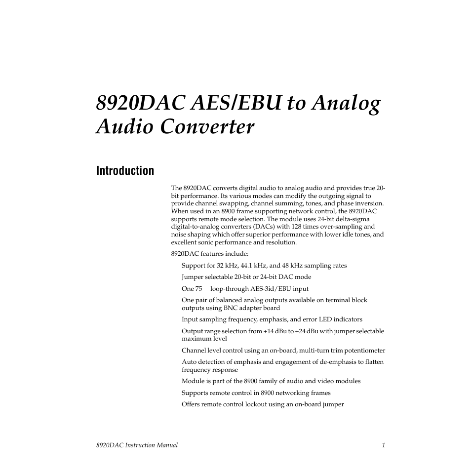 8920dac aes/ebu to analog audio converter, Introduction | Grass Valley 8920DAC User Manual | Page 7 / 28