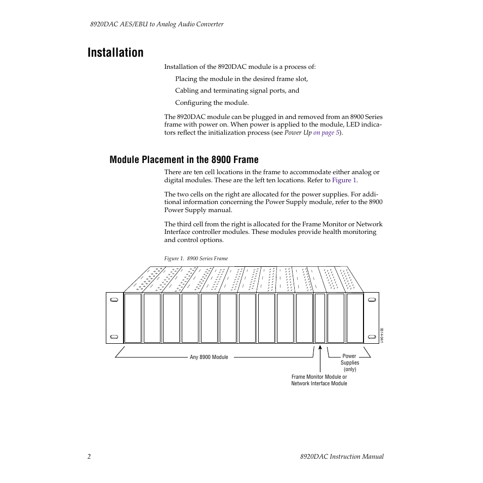 Installation, Module placement in the 8900 frame | Grass Valley 8920DAC User Manual | Page 8 / 28