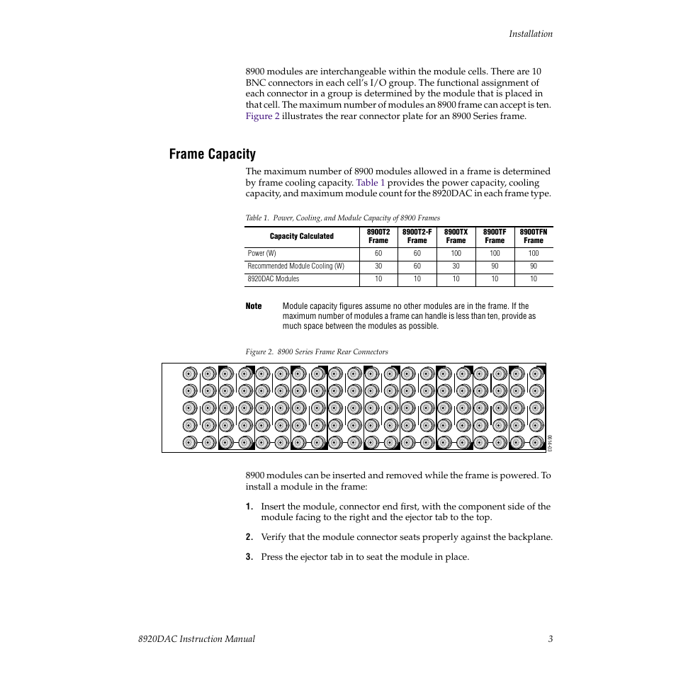 Frame capacity | Grass Valley 8920DAC User Manual | Page 9 / 28