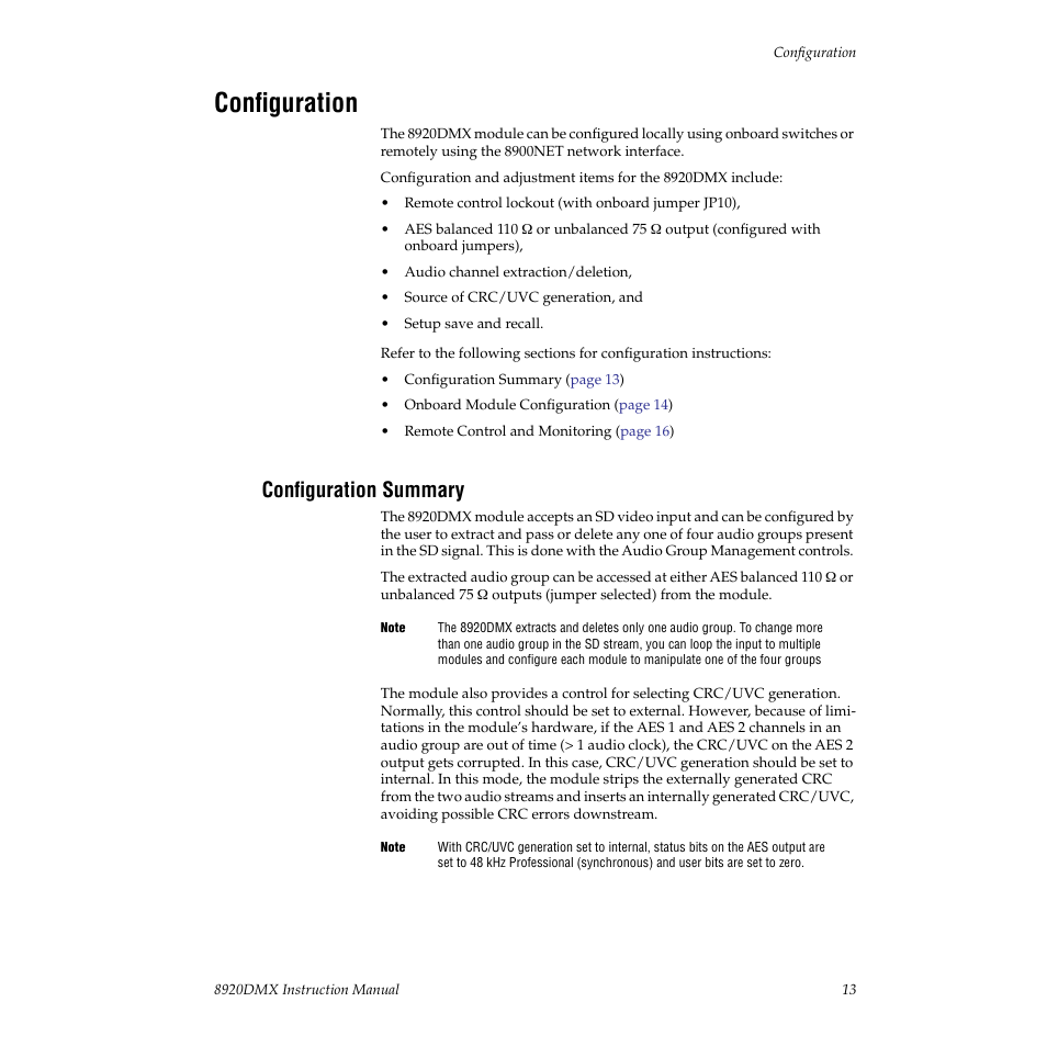 Configuration, Configuration summary | Grass Valley 8920DMX User Manual | Page 13 / 30
