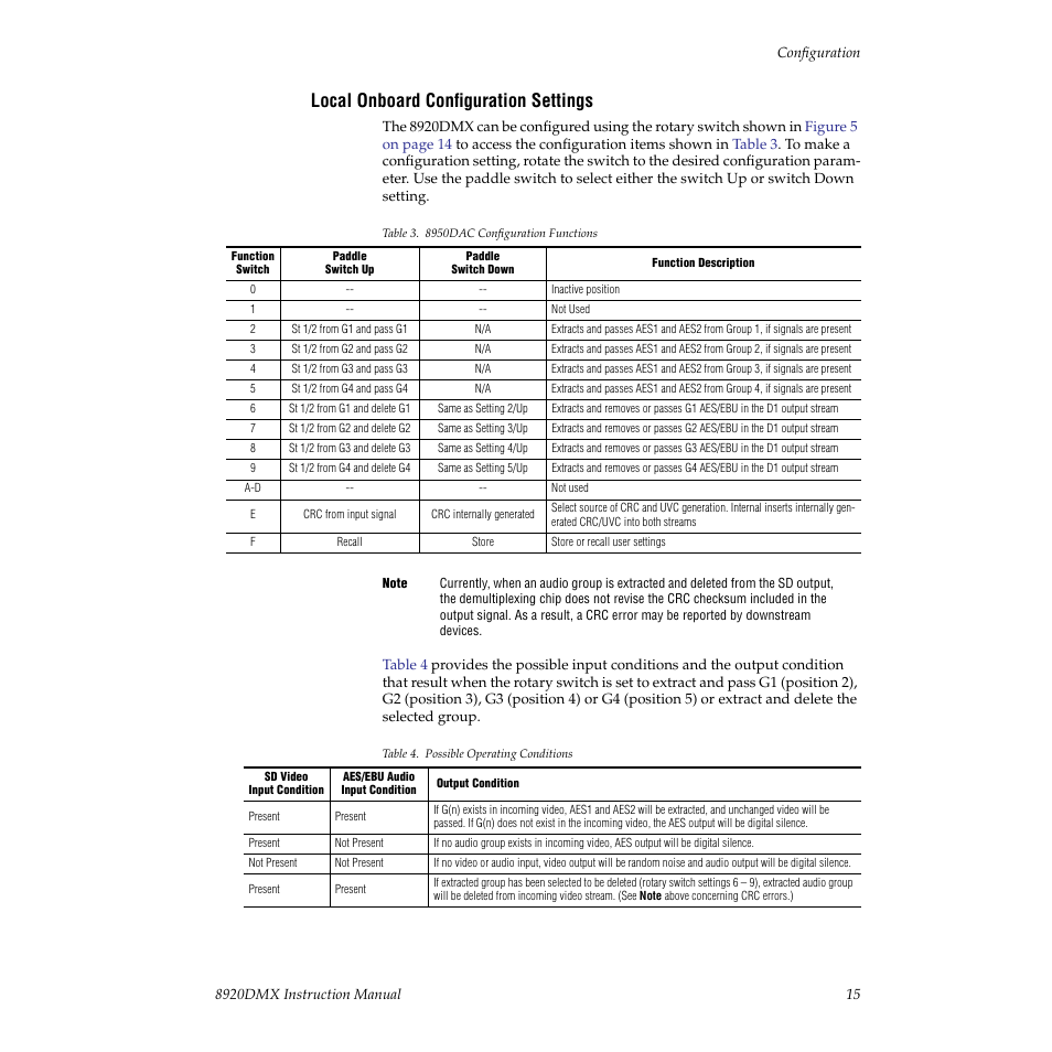 Local onboard configuration settings | Grass Valley 8920DMX User Manual | Page 15 / 30