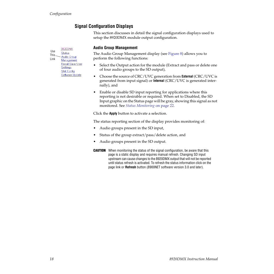 Signal configuration displays, Refer to | Grass Valley 8920DMX User Manual | Page 18 / 30