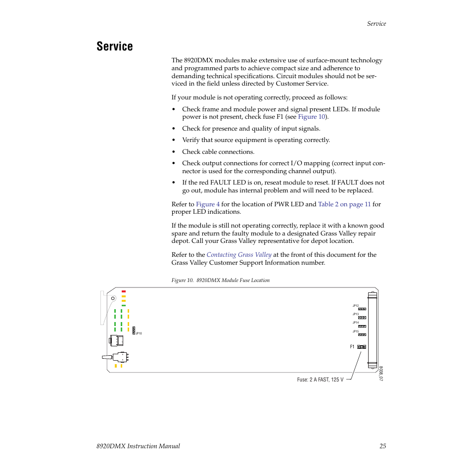 Service, Module has detected an internal fault. (refer to | Grass Valley 8920DMX User Manual | Page 25 / 30