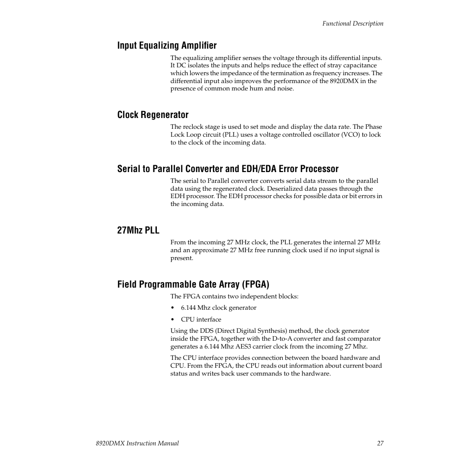 Input equalizing amplifier, Clock regenerator, 27mhz pll | Field programmable gate array (fpga) | Grass Valley 8920DMX User Manual | Page 27 / 30