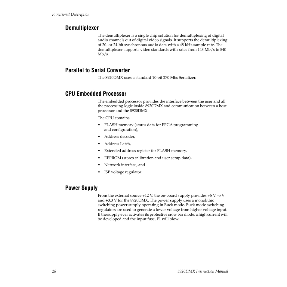 Demultiplexer, Parallel to serial converter, Cpu embedded processor | Power supply | Grass Valley 8920DMX User Manual | Page 28 / 30
