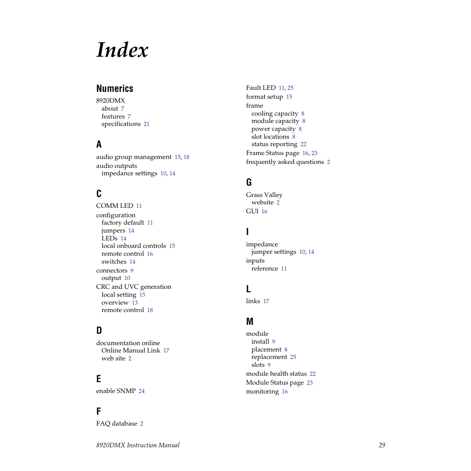 Index, Numerics | Grass Valley 8920DMX User Manual | Page 29 / 30