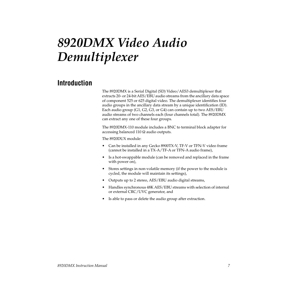 8920dmx video audio demultiplexer, Introduction | Grass Valley 8920DMX User Manual | Page 7 / 30