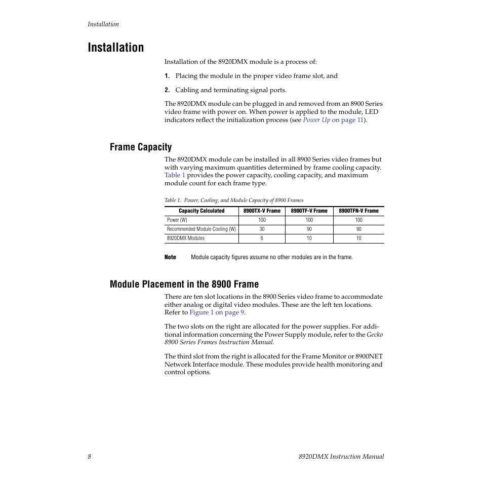 Installation, Frame capacity, Module placement in the 8900 frame | Grass Valley 8920DMX User Manual | Page 8 / 30