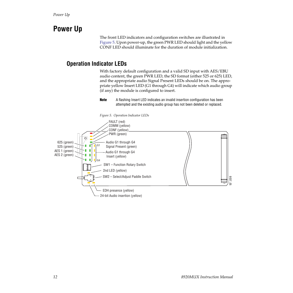 Power up, Operation indicator leds | Grass Valley 8920MUX User Manual | Page 12 / 50