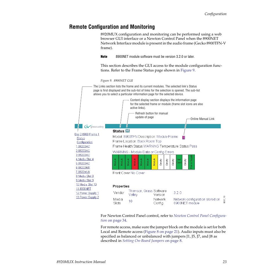 Remote configuration and monitoring, Ol and monitoring | Grass Valley 8920MUX User Manual | Page 23 / 50