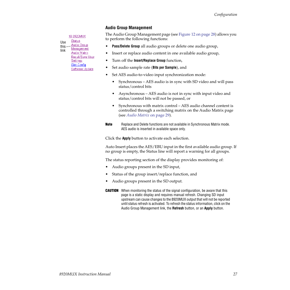 Functions | Grass Valley 8920MUX User Manual | Page 27 / 50