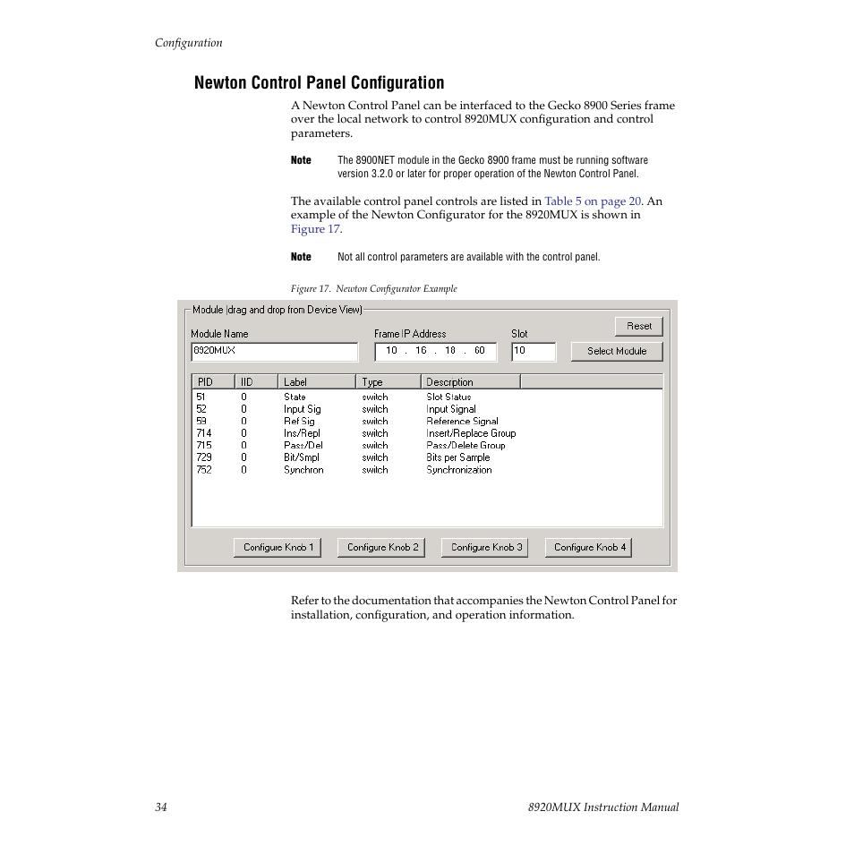 Newton control panel configuration, Ol panel configuration, Newton control panel configura | Grass Valley 8920MUX User Manual | Page 34 / 50