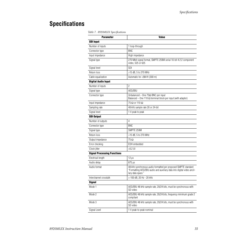 Specifications | Grass Valley 8920MUX User Manual | Page 35 / 50