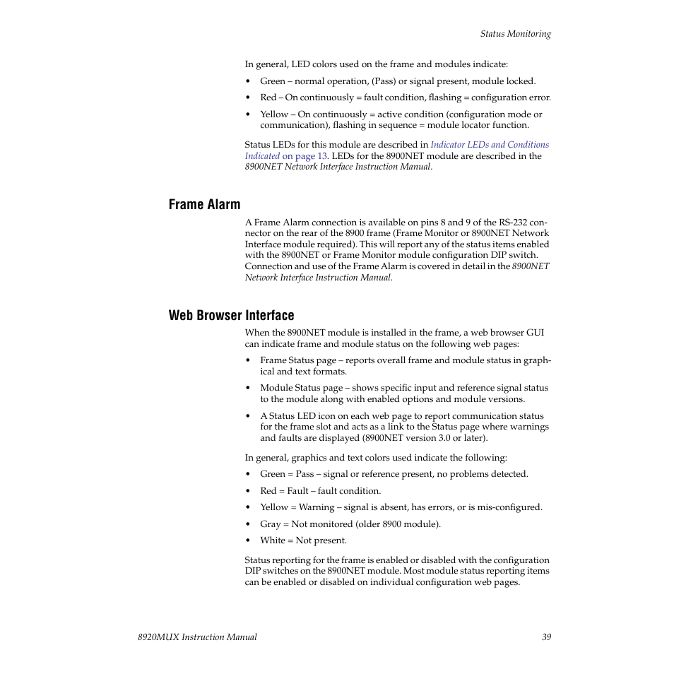 Frame alarm, Web browser interface | Grass Valley 8920MUX User Manual | Page 39 / 50
