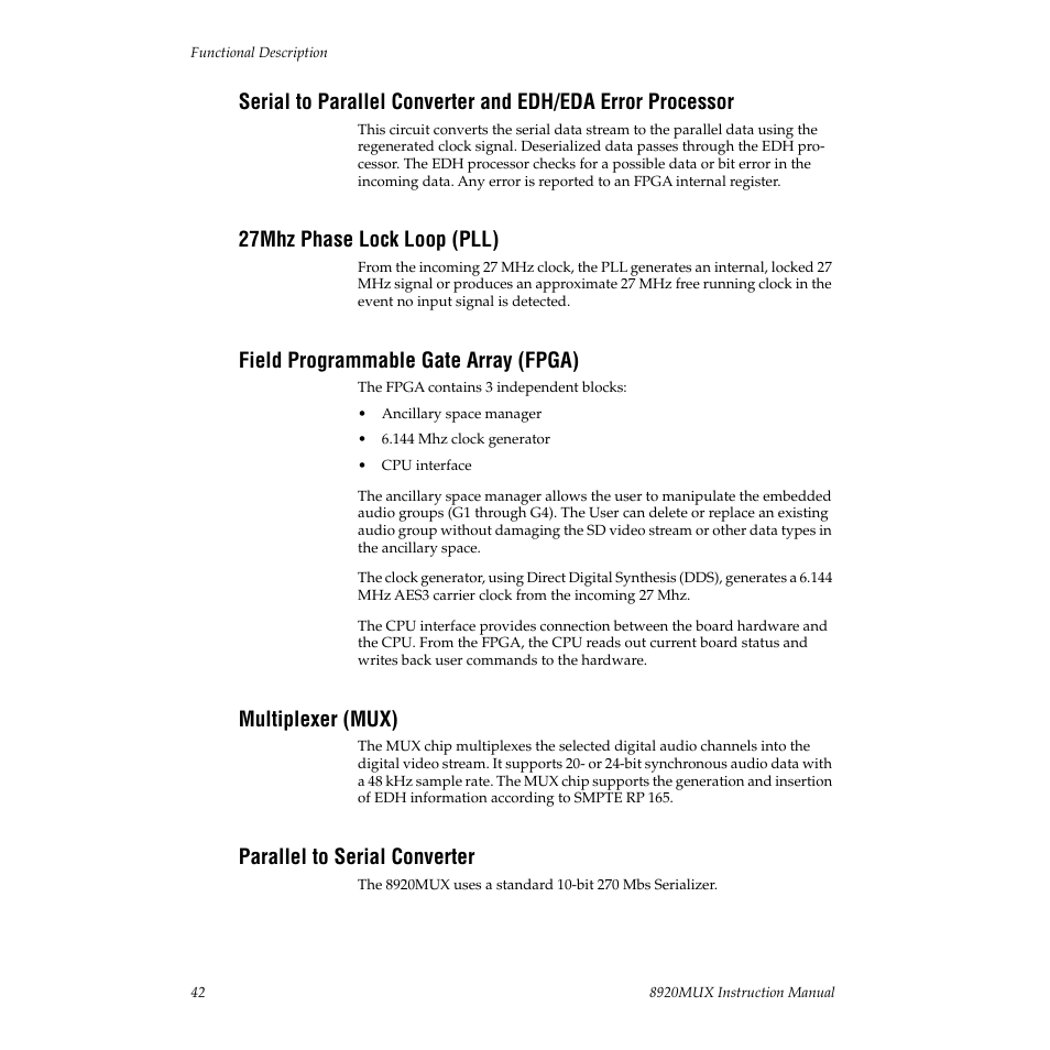 27mhz phase lock loop (pll), Field programmable gate array (fpga), Multiplexer (mux) | Parallel to serial converter | Grass Valley 8920MUX User Manual | Page 42 / 50