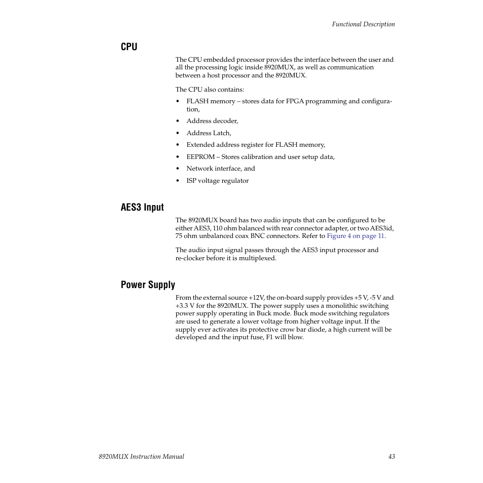 Aes3 input, Power supply | Grass Valley 8920MUX User Manual | Page 43 / 50