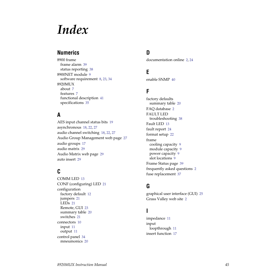 Index, Numerics | Grass Valley 8920MUX User Manual | Page 45 / 50