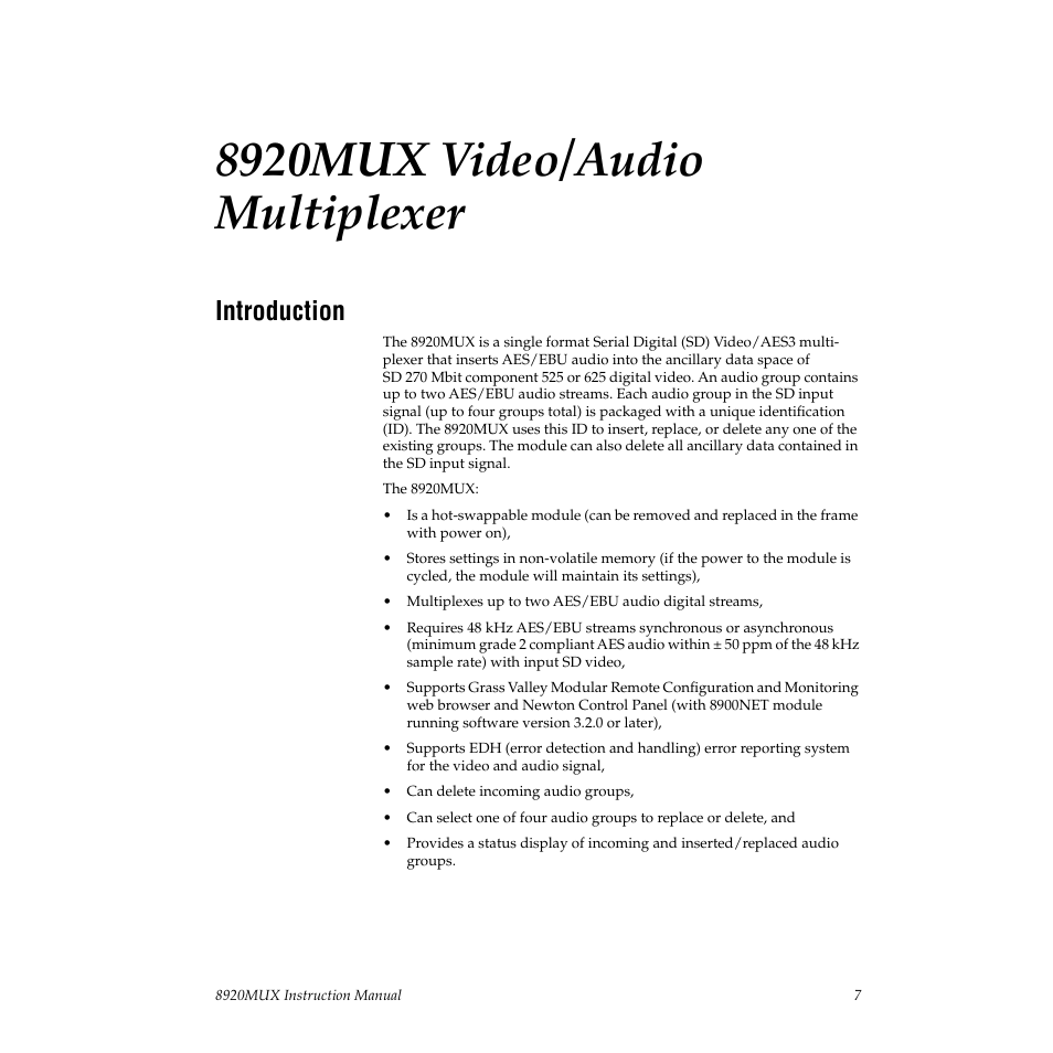 8920mux video/audio multiplexer, Introduction | Grass Valley 8920MUX User Manual | Page 7 / 50