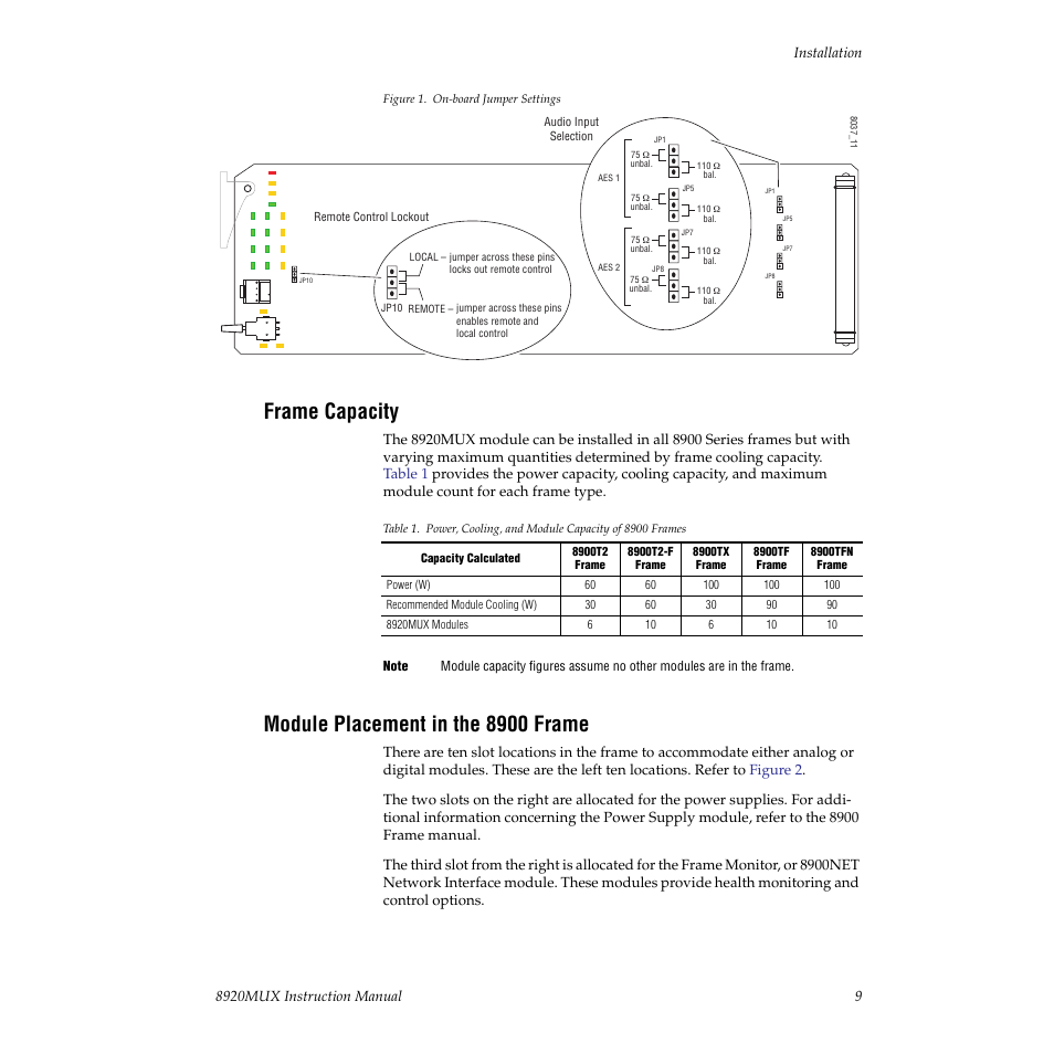 Frame capacity, Module placement in the 8900 frame | Grass Valley 8920MUX User Manual | Page 9 / 50