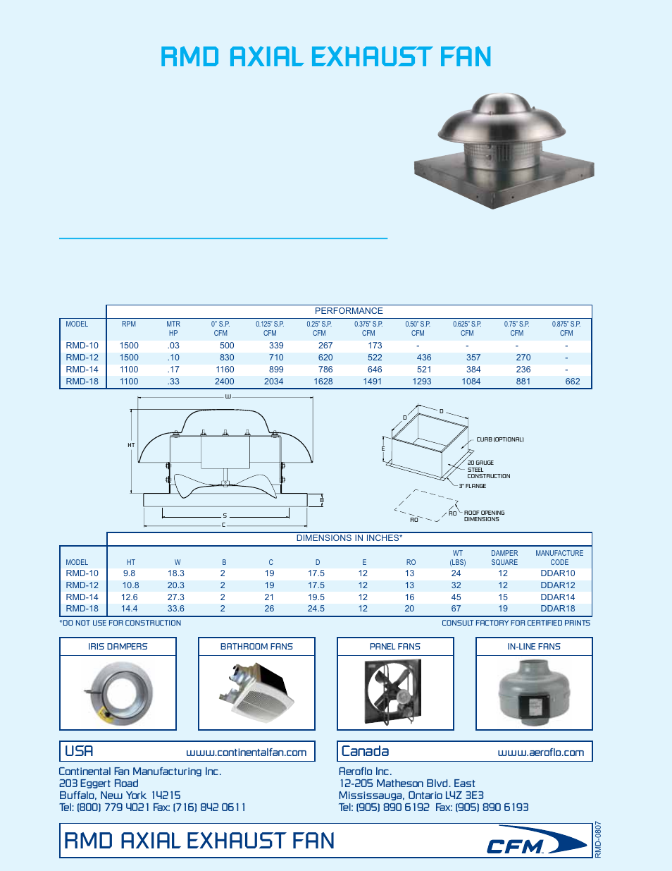 Rmd axial exhaust fan, Canada | CFM RMD-10 User Manual | Page 2 / 2