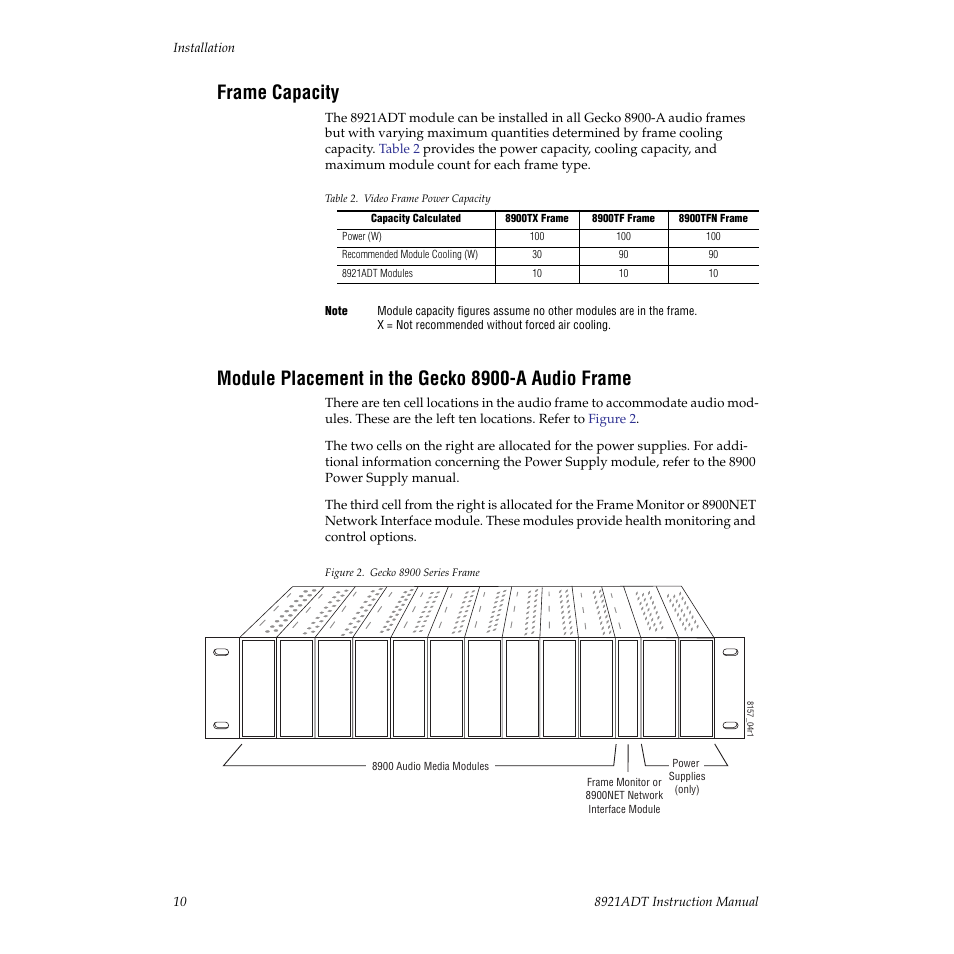 Frame capacity, Module placement in the gecko 8900-a audio frame | Grass Valley 8921ADT User Manual | Page 10 / 58