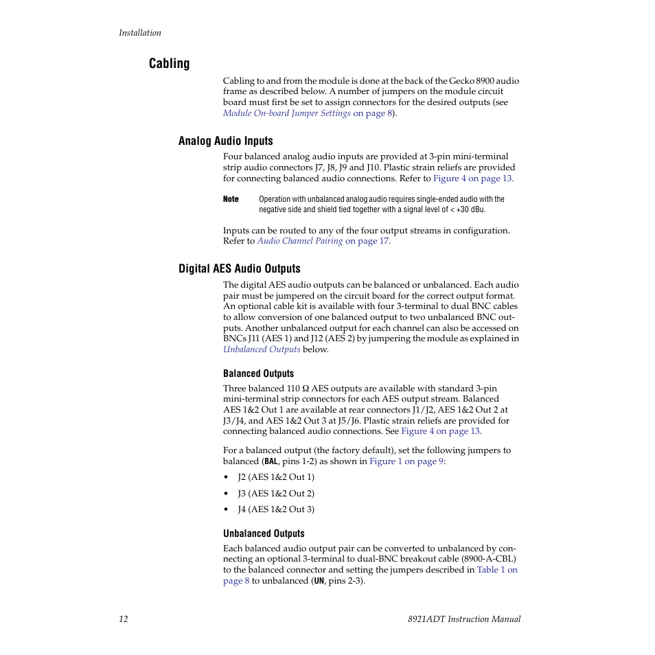 Cabling, Analog audio inputs, Digital aes audio outputs | Grass Valley 8921ADT User Manual | Page 12 / 58