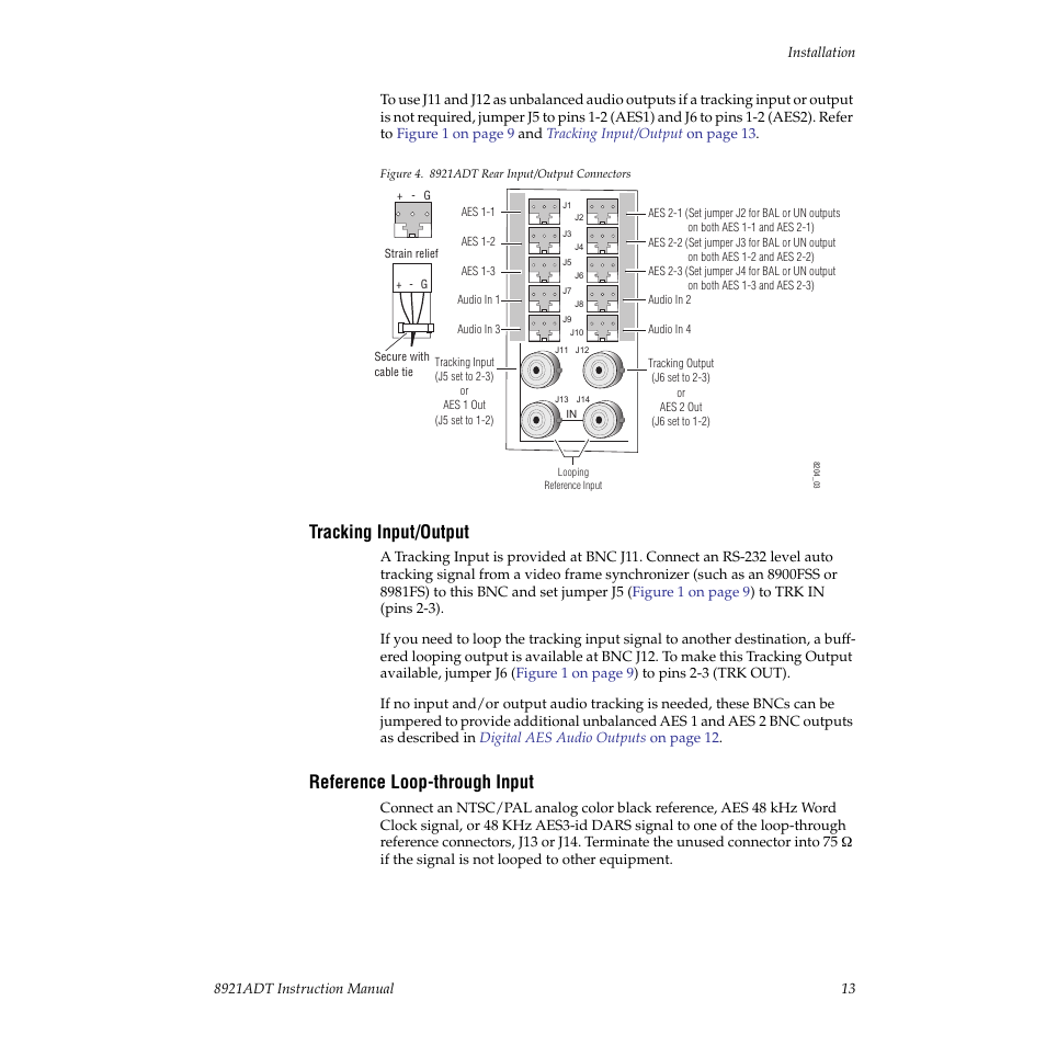 Tracking input/output, Reference loop-through input, Connecting balanced audio connections. see | Grass Valley 8921ADT User Manual | Page 13 / 58