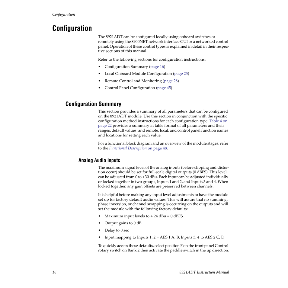 Configuration, Configuration summary, Analog audio inputs | Grass Valley 8921ADT User Manual | Page 16 / 58