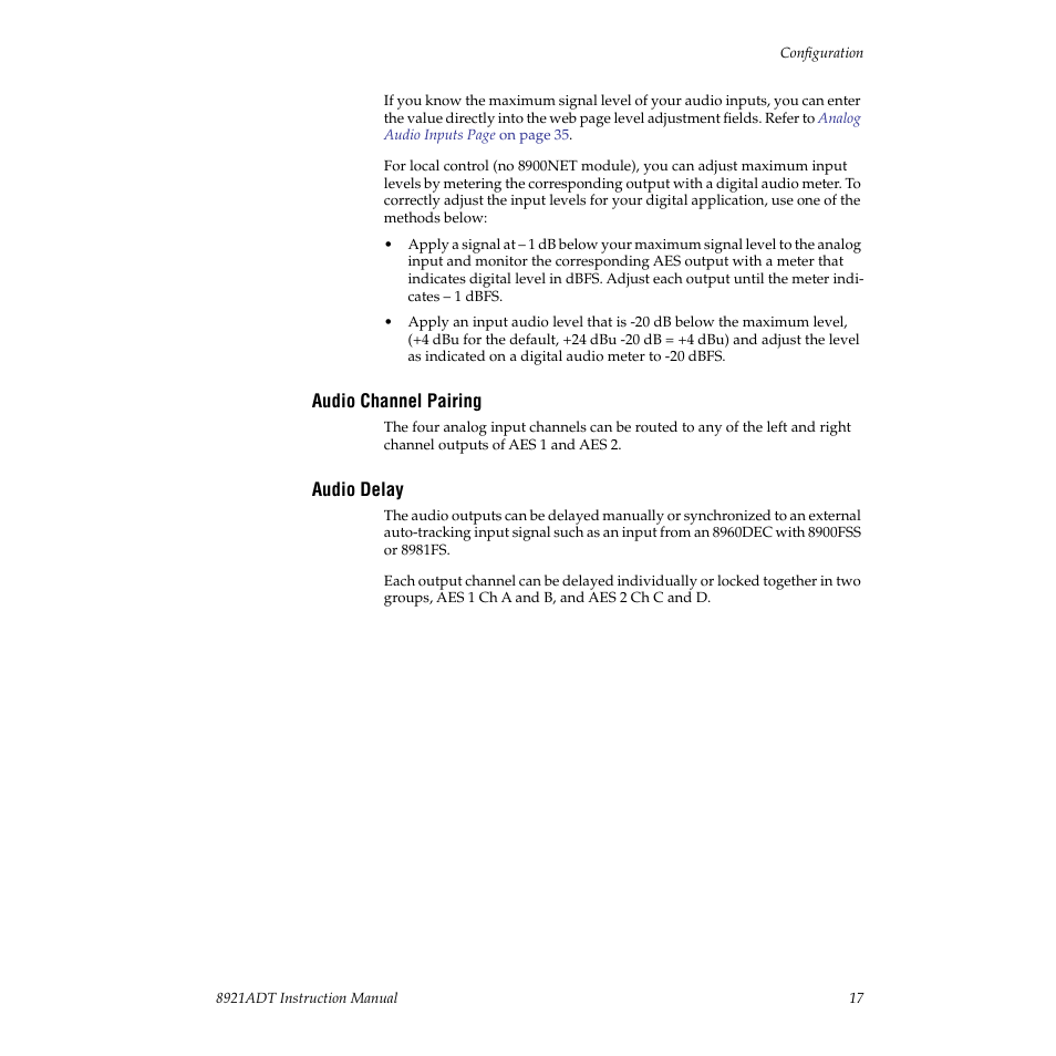 Audio channel pairing, Audio delay | Grass Valley 8921ADT User Manual | Page 17 / 58