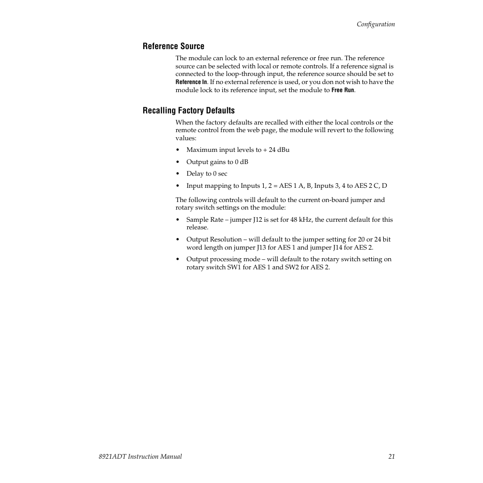 Reference source, Recalling factory defaults | Grass Valley 8921ADT User Manual | Page 21 / 58