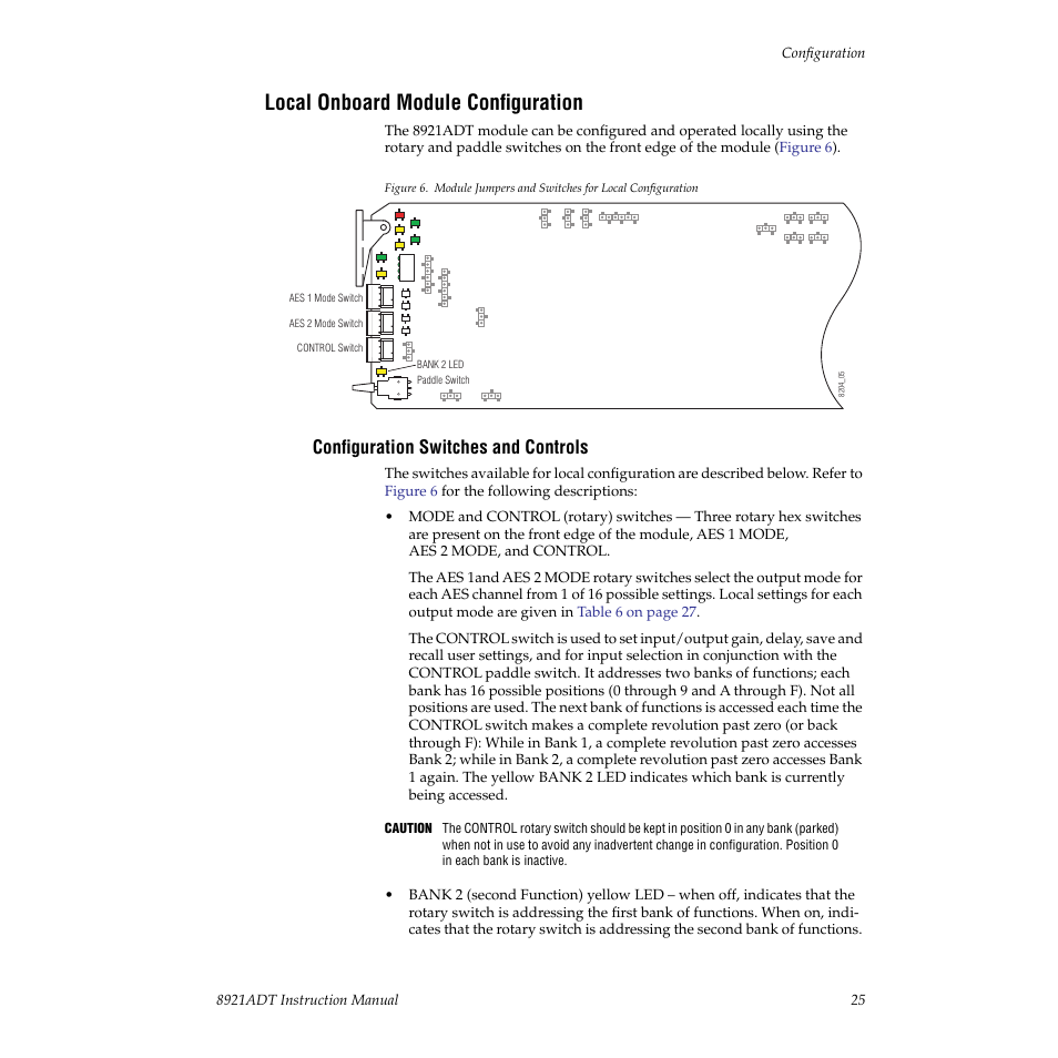 Local onboard module configuration, Configuration switches and controls, D module configuration | Figure 6 on | Grass Valley 8921ADT User Manual | Page 25 / 58