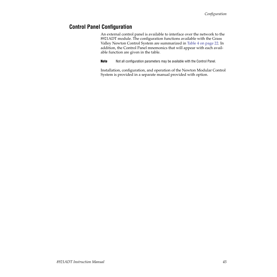 Control panel configuration | Grass Valley 8921ADT User Manual | Page 45 / 58