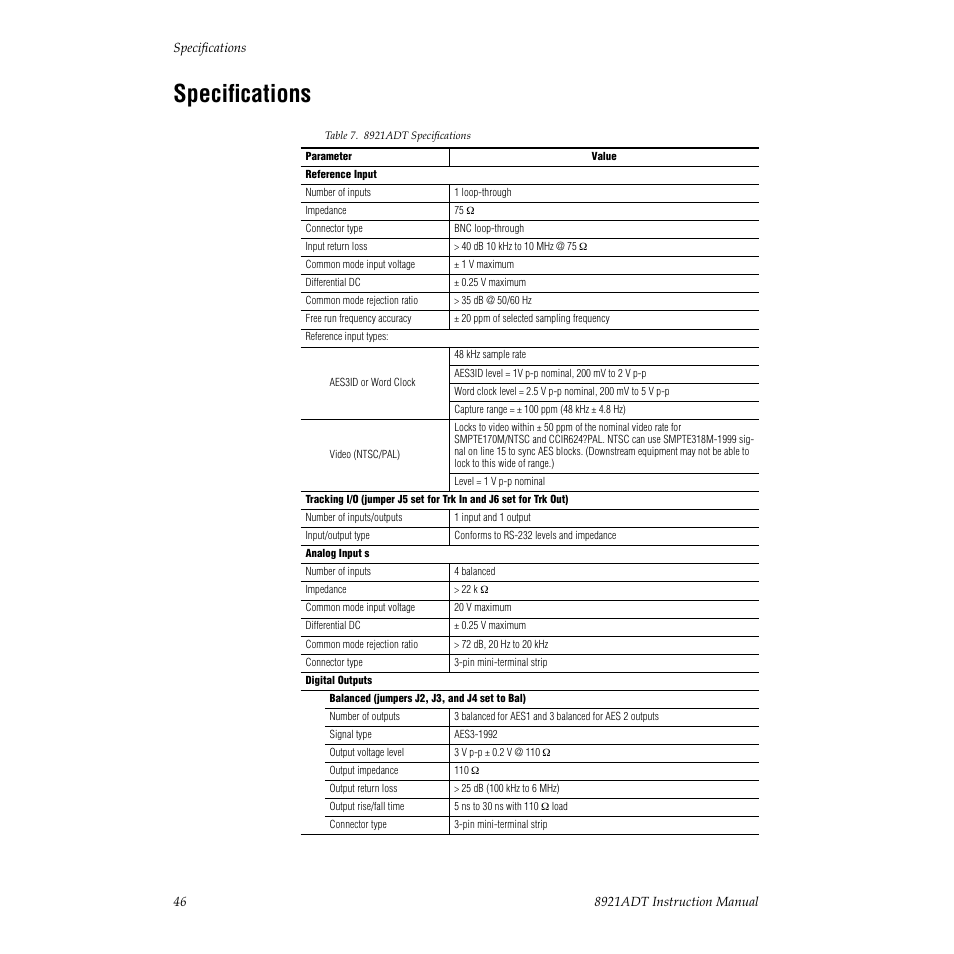 Specifications | Grass Valley 8921ADT User Manual | Page 46 / 58